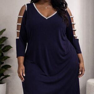 J.B.S. Women’s Navy Blue Dress with Rhinestone Neckline/Shoulder cutout detail